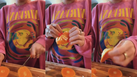 Девушка показала быстрый способ очистки апельсина